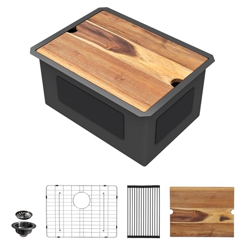 Image of 24 inchx18 inch Undermount Laundry Utility Sink Workstation - Gunmetal Black NANO-PVD, 16 Gauge 304 Stainless Steel, 12 Inch Deep Single Bowl Sink Basin for Laundry Room, RV or Utility Use
