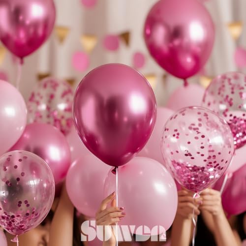 Image of SUWEN Pink Metallic and Confetti Balloons Set 47PCS Hot Pink Latex