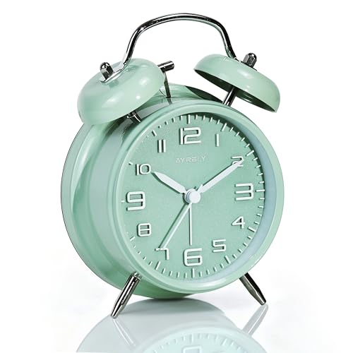 Image of AYRELY Super Loud Twin Bell Alarm Clock for Heavy Sleepers Adults, 4-Inch Retro Silent Non-Ticking with Night-Light, 3D Raised Number Dial, Battery Operated for Bedroom Bedside (3D Dial - Green)