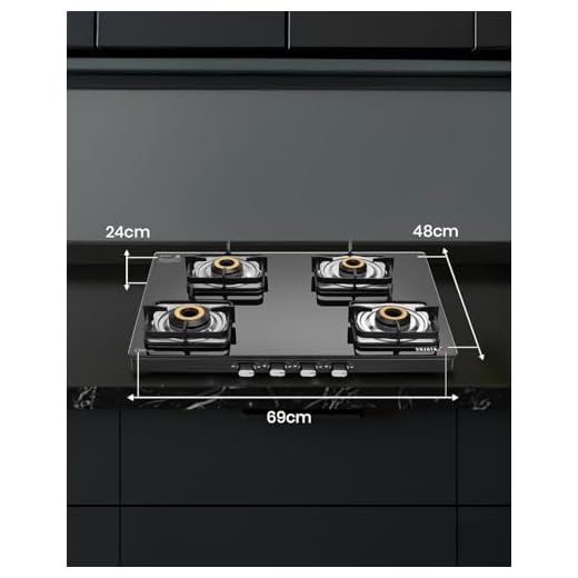 Sujata Gas Stove 4 Burner | Classic Gas Stove Manual Ignition | 9 Years Warranty | Gas Stove 4 Burners Glass top | SABAF, ISI Certified, LPG & PNG Compatible, Jumbo Brass Burner (Black Colour)