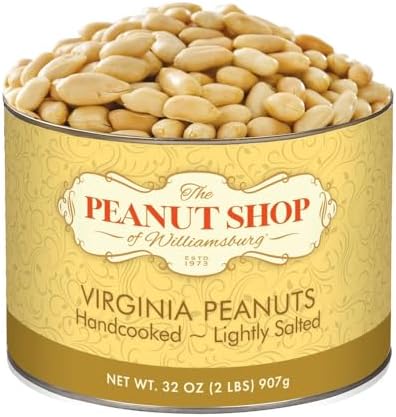 The Peanut Shop of Williamsburg Extra-Large Handcooked Lightly Salted Virginia Peanuts Williamsburg Peanuts Non-Gmo Kosher Gluten-Free No Preservatives - 32 Oz Tin