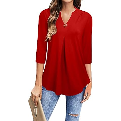 ELF QUEEN Womens Collared V Neck 3/4 Sleeve Shirts Business Casual Tops Loose Work Blouses Red Cover