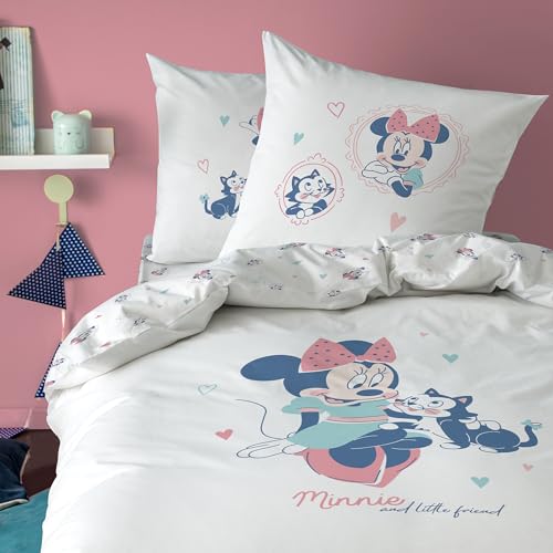 Minnie Little Friend Parure de lit Enfant 1 Personne | 100% Coton | Oeko-TEX | Housse de Couette 140x200 cm + Taie d'oreiller 63x63 cm | Imprimé Réversible Fille | Blanc
