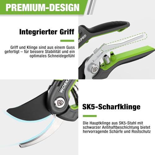 WORKPRO Gartenschere Set 2-tlg, 210mm SK5 Bypass Astschere für frische Zweige, 160mm Ernteschere Pflückschere für Blume und Frucht, Pflanzenschere Baumschere Rosenschere Blumenschere für Gartenarbeit