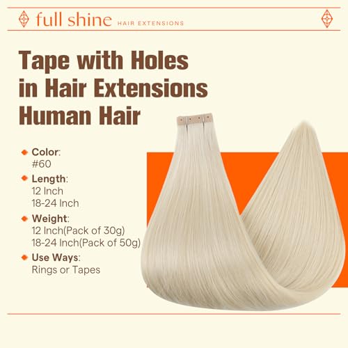 Image of Full Shine Holed Hair Extensions Tape In, Ash Blonde 20 Inch | 50g 20 PCS, Seamless Tape in Hair Extensions Human Hair, Flat Base, Glueless Wear, Comfortable Fit, Event Styling