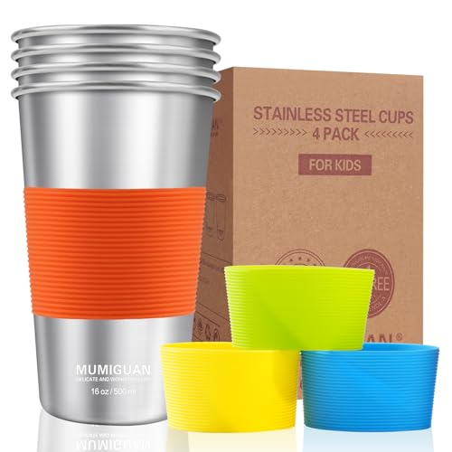 16 oz Stainless Steel Pint Cups with Silicone Sleeves 16oz/500ml (4 Pack), Water Tumbler, Camping Stainless Steel Pint Cups, Stackable Metal Drinking Glasses, BPA Free, Stackable, Durable.