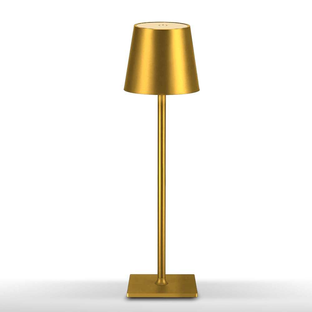 Cordless Metal Table Lamp,LED Table Lamp with Touch Sensor,3 Color Stepless Dimmable Battery Powered Lamp,Night Light for Kids Nursery,Bedroom/Desk/Cafe/Dining Room(Gold)