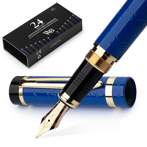 Wordsworth & Black Primori Fountain Pen Set [Blue Gold]; Medium Nib, Gift Case, 24 Ink Cartridges, Refill Converter, Journaling, Calligraphy, Smooth Writing Pens; Left and Right Handed