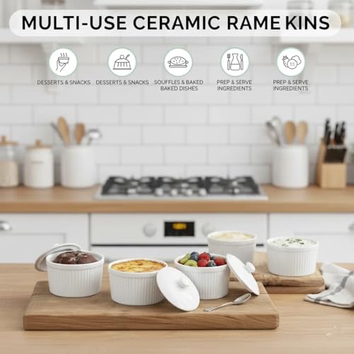 Ceramic Ramekins 8 Oz White with Porcelain Lids Set of 6, Oven, Microwave & Dishwasher Safe Souffle and Creme Brulee Baking Dishes for Custard, Pudding, Dips & Individual Desserts, Durable Heat Resistant Design by 3 Ducks - Used condition - Image 4