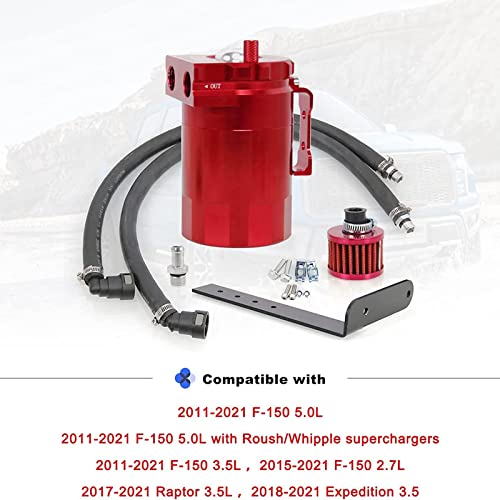 RULLINE Oil Catch Can Kit Oil Separator Reservoir Tank Compatible with 2011-2019 Ford F150 2.7EB 3.5EB 5.0 Passenger Side with Breather Filter Aluminum 400ml（Red） by RULLINE - Image 5