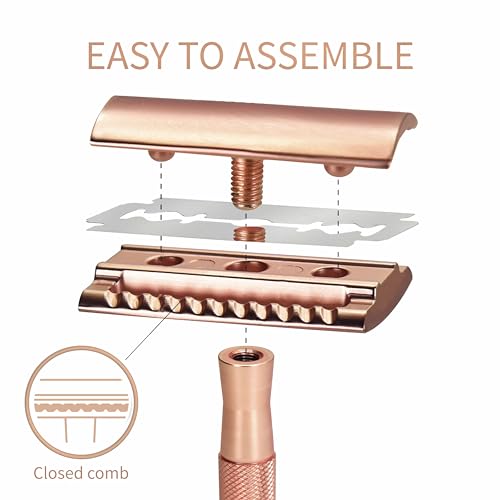 Image of Bambaw Double Edge Safety Razor with Stand, Women Razor with 5 Double Edge Safety Razor Blades, Plastic Free Metal Razor - Rose Gold