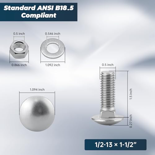 Image of 1 /2-13 x 1-1 /2 Inch Carriage Bolt Kit, 304 Stainless Steel (18-8) with Hex Nuts & Flat Washers - 6 Sets, Round Head Square Neck, Full Thread Coverage by Glvaner