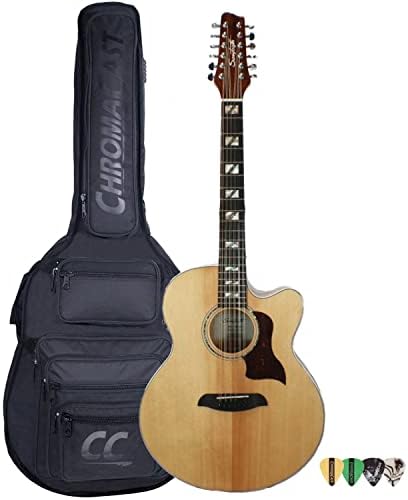 Sawtooth Maple Series 12-String Acoustic-Electric Cutaway Jumbo Guitar with Padded Gig Bag & Pick Sampler