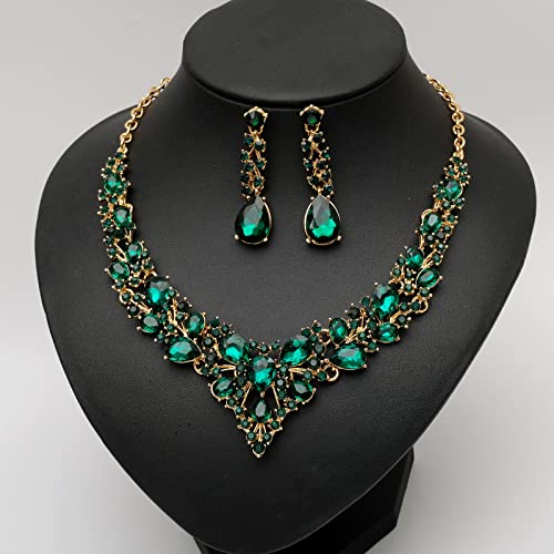 Csy 4 Pcs/Set Austrian Crystal Necklace Earrings Bracelet Ring Bridal Jewelry Sets For Brides Wedding Party Costume Accessories Gifts For Women (02-Gold Plated-Green) #TOP3