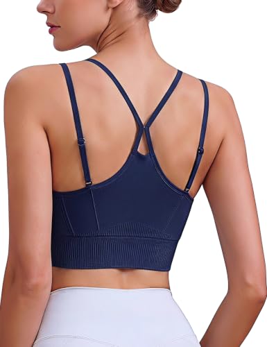 Image of Litherday Women's Sports Bra Wireless Support Bra Cross Back Spaghetti Straps Removable Padded Yoga Gym Running Crop Top Navy Blue M