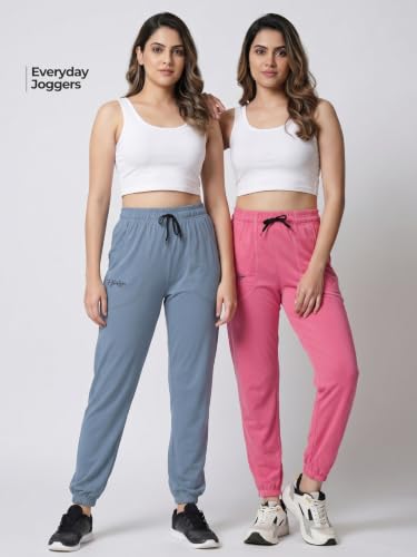 Image of Fflirtygo Cotton Solid Joggers /Track Pant /Solid Pajama /Leggings �100% Export Quality Soft Cotton Night Wear /Pocket Pyjama for Women Combo Pack of 2Pcs, Blue and Grey