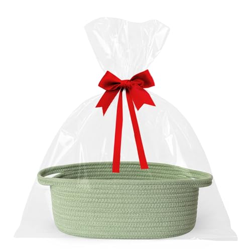 Image of Small Baskets for Gifts Empty, 13 inchx 9 inchx 5 inch Woven Gift Basket with Bag and Ribbon, Cotton Rope Kids Dog Cat Toy Bin Box, Cute Baby Nursery Organizer, Decorative Storage with Handles, Green
