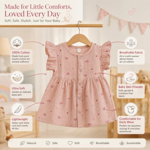 Image of Lilimi Toddler Baby Girl Cotton Muslin Dress, Breathable Flutter Sleeve Button-Front Cute Frocks
