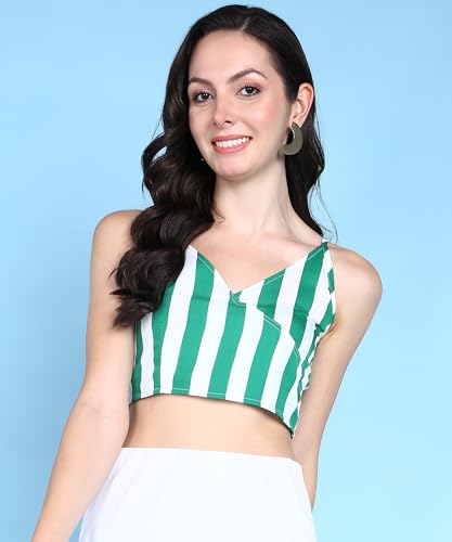 Image of POPWINGS Women Casual Blue & White Stripe Print Strap Crop Top | Women Sleeveless Top | Women Trendy Top