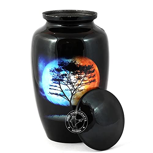 Aluminium Cremation Urn for Human Ashes - Handcrafted Adult Funeral Urn with Moonlight Tree Design, Sun & Moon Night, 200 Cubic Inches - Image 2