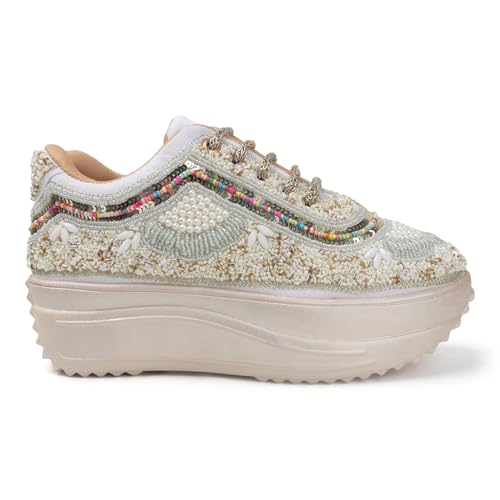 Image of LENSBURY Women Hand Embroidery Wedding Party Bridal Floral High Heel Sneakers I Cushioned Insole I Comfortable Wear Wedge Shoes I for Ladies and Girls LBCNV4037