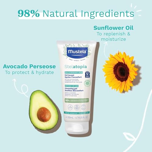 Image of Mustela Stelatopia Cleansing Gel with Sunflower Oil - 200ml | Tear-Free Baby Cleanser for Face & Body | Enriched with Natural Avocado Perseose | Gentle, Hypoallergenic Baby Wash | Made in France