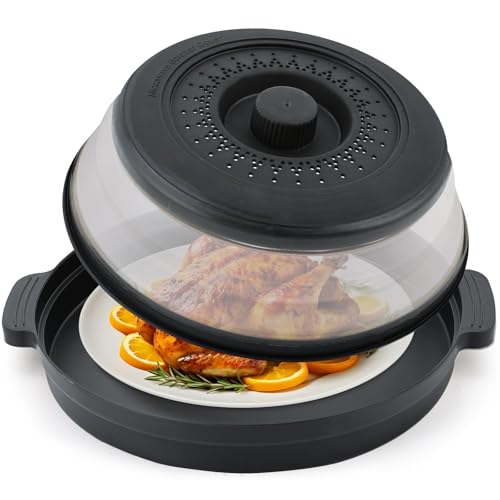 Cubierta para salpicaduras de microondas con función de vapor, 10.5 pulgadas, base magnética, tapa plegable sin BPA (negro)