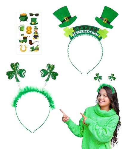 sazpajacos 3 Pzs Día de San Patricio Trébol Diadema Set Día de San Patricio Irlanda Leprechaun Accesorios de disfraces Incluye Tocado, Pegatinas para desfile de Carnaval, Verde