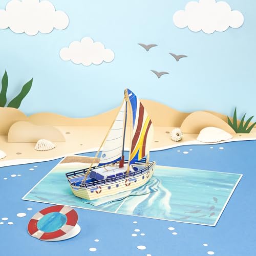 Image of POPWOW Sailboat Pop Up Card, 5x7 Inch 3D Greeting Card, Travel and New Adventure Design for Retirement, Birthday or Father's Day, Dad, Grandfather, Boss, Includes Envelope & Note
