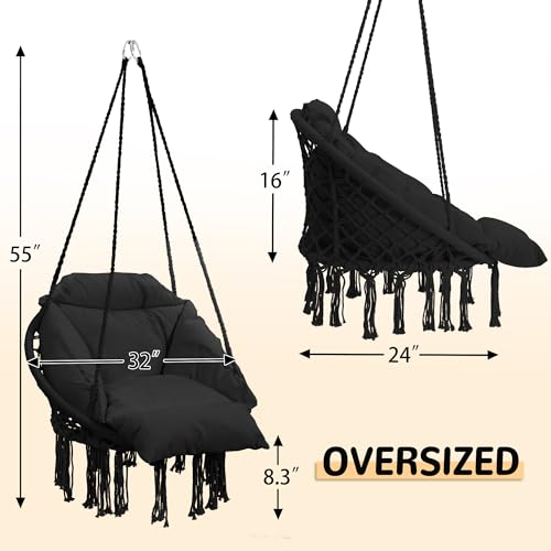 KROFEM Macrame Hammock Hanging Swinging Chair with Oversized Cushion, Perfect for Bedroom, Porch, Kids, Adults, Balcony, Black