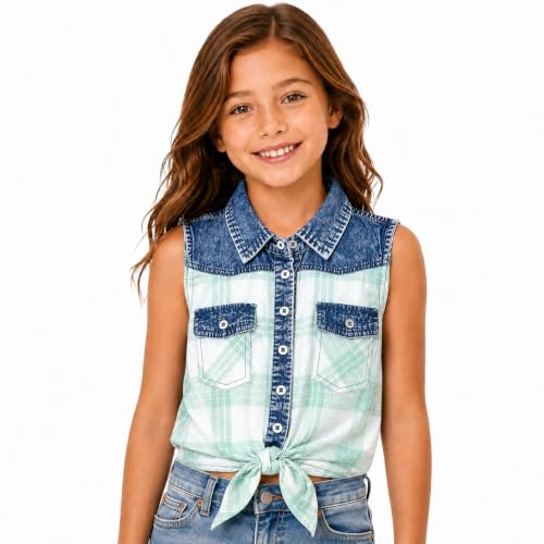 Image of Bienzoe Western Plaid Girls Shirt: Sleeveless Button Down