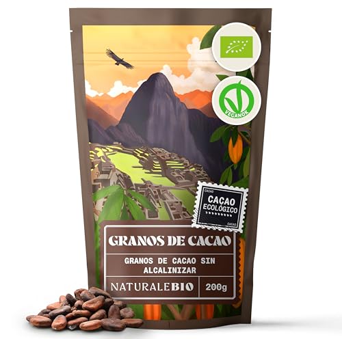 NaturaleBio Granos de Cacao Crudo Ecológico 200g. Bio, Natural y Puro. Cultivado en Perú a partir de la planta Theobroma cacao.