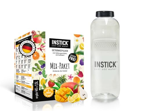 INSTICK Zuckerfreies Instant-Getränk (Mix-Paket + 1L Trinkflasche) 46 Sticks für 1,5-2,5 L - Veganes Getränkepulver Kalorienarm & Vitamin C - Instant-Pulver
