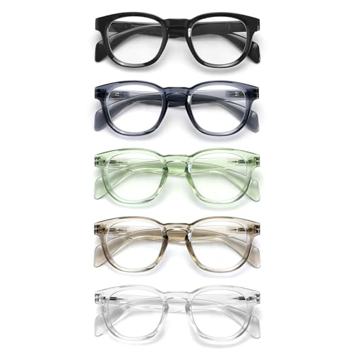 OPULIZE AWE Occhiali luce blu donna e uomo - Confezione da 5 - Occhiali da lettura - Antibagliore per computer e gaming - Protezione UV - Rotondo retrò - Nero Blu Verde Grigio, Trasparente +3,00