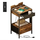 GlouMod Night Stand with Charger Station,Bed Side Table with Drawers & Cup Holder & Hidden Flip Top Socket,Small End Tables Living Room,Rustic Brown Nightstand for Bedroom