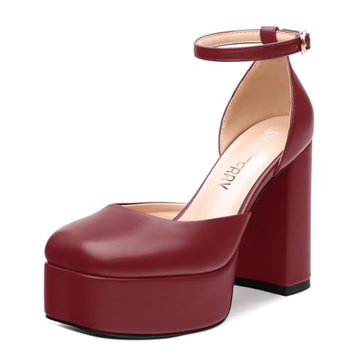 SKYSTERRY Women's Platform Heels 4.3-Inch High Block Chunky Square Closed Toe Pumps Ankle Strap Matte Dress Wedding Party Shoes