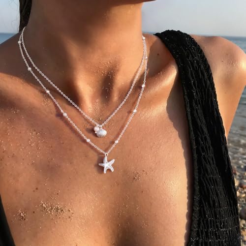 Silver Plated Layered Shell Starfish Necklace for Women, 2-in-1 Detachable Beach Pearl Pendant Choker Set, Waterproof Hypoallergenic Summer Ocean Jewelry Vacation Gift — view 2
