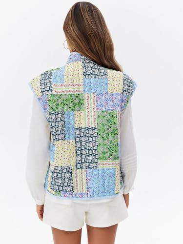 Tankaneo Womens Puffer Quilted Cropped Vest Oversized Floral Patchwork Lightweight Jacket Cap Sleeve Outerwear Vest3