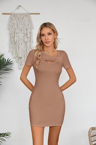 Image of VICHYIE Womens Summer Dresses Cutout One Piece Ribbed Bodycon Mini Short Sleeve Casual Slim Fitted Pencil Dresses