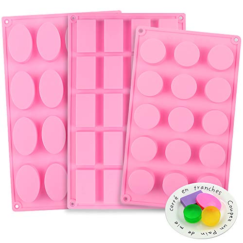 YGEOMER 3pcs Silicone Soap Molds, Round Rectangle Oval Soap Molds for Handmade Soap