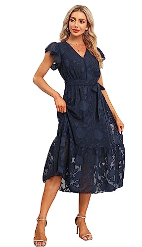 Image of VintageClothing Womens Sundress Casual Floral Summer Boho Dress | Flowy Wrap V Neck Ruffle A-Line Pleated Hem Midi Dresses