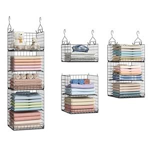 5 Tier Closet Hanging Organizer and Storage Separable Hanging Closet Shelves with 4 Hooks 2 Adjustable Dividers, Wire Storage Basket Bins for Clothing Sweaters Socks Dolls Handbags, Foldable