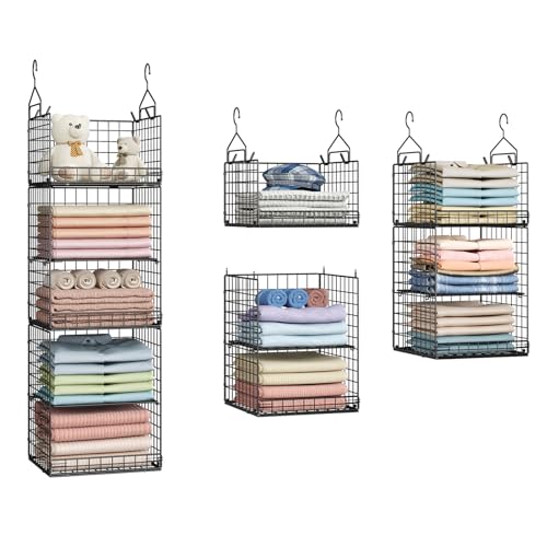 5 Tier Closet Hanging Organizer and Storage Separable Hanging Closet Shelves with 4 Hooks 2 Adjustable Dividers, Wire Storage Basket Bins for Clothing Sweaters Socks Dolls Handbags, Foldable