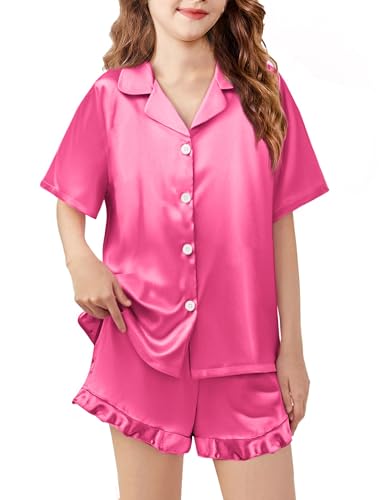 Image of Arshiner Girls Pajamas Silk Satin Pajama Set Button Pjs Ruffle Sleepwear