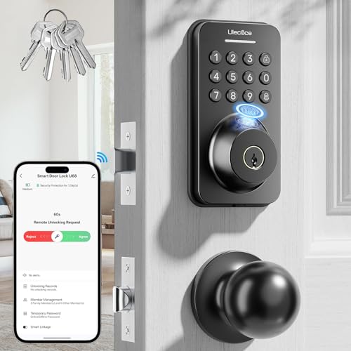 Ulecoce Keyless Entry Door Lock with Handle Set - Built-in WiFi, Fingerprint, App Control & Doorbell, Electronic Keypad Deadbolt with One-Time Code, Auto-Locking, Easy to Install