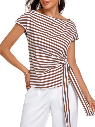 Image of HOTIAN Womens Cap Sleeve T Shirts 2026 Tie Waist Wrap Tops Crew Neck Blouses Dressy Casual Loose Work Business Dressy