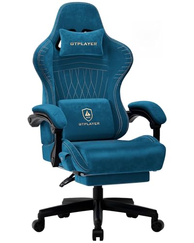 Image of GTPLAYER Ace Pro Gaming Chair, Built-in Speakers & Reclining Footrest | Ergonomic High-Back Chair with Lumbar Support, Linkage Armrest & Padded Seat for Home Office Gaming, Dark Blue (Velvet)