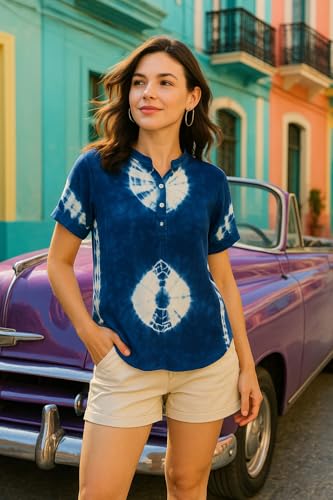 Image of Maaesa Women Handcrafted Tie & Dye Casual Rayon Regular Fit Top | Mandarin Collar | Short Sleeves | Lightweight & Breathable Fabric