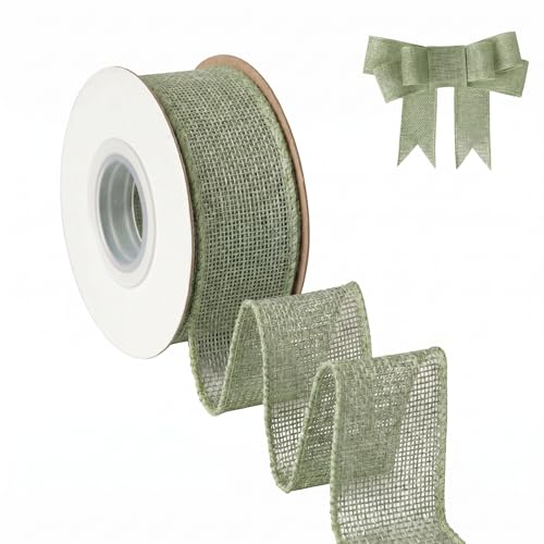 AFLZSP Saga Green Burlap Wired Ribbon, Solid Ribbon with Wire Edge for Big Bow, Wreath, Tree Decoration, Halloween, Thanksgiving Decoration, Gift Wrapping, 1 1/2 Inch x 5 Yards/Roll.