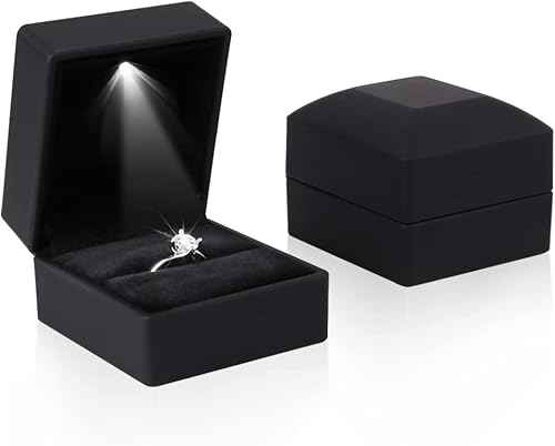 iSuperb Caja de anillo con luces LED, 2 unidades, para propuestas, compromisos, bodas, regalos (paquete de 2 unidades, negro)